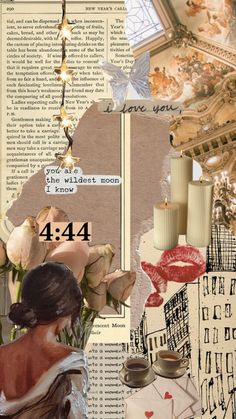 collage with flowers, candles and other things in the background that are altered to look like art