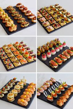 several different types of sushi are arranged on a black platter