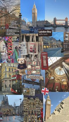 the collage has many different pictures and words on it, including london's famous landmarks