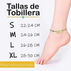 a woman's foot wearing a bracelet with the words talas de tobillera on it