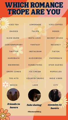 a poster with different types of flowers and words in the center, which reads which romance trope are you?