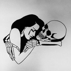 a black and white drawing of a woman holding a skull in her hand with the skeleton on it's shoulder