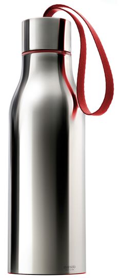 a stainless steel water bottle with a red strap around the neck, on a white background