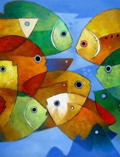 a painting of many different colored fish