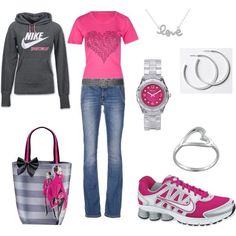 Nike Love, created by jklmnodavis on Polyvore @Brandon Weerstra the hoody, tshirt, watch, and shox lol birthday idea jus sayin lol Love Pink Clothes, Nike Casual Outfit, Yolanda Foster, Nike Casual, Pink Clothes, Moda Chic, Nicholas Kirkwood, Mick Jagger, 2000s Fashion