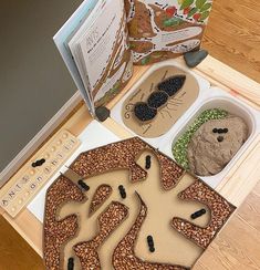 an open book on a table with some food in the shape of animals and insects