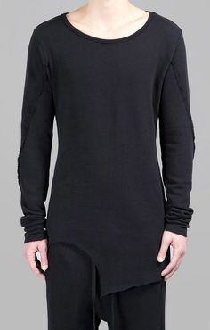 2016 Dark Men's Wide Round Neck Asymmetric Raw Cut Seam Detail Sweaters Hoodie Fitted Cotton Crew Neck Sweatshirt, Fitted Crew Neck Cotton Sweater, Fitted Cotton Crew Neck Sweater, Fitted Crew Neck Sweater For Loungewear, Stretch Cotton Sweatshirt, Asymmetrical Cotton Tops For Fall, Fitted Crew Neck Sweatshirt With Ribbed Cuffs, Fitted Crew Neck Sweatshirt For Layering, Oversized Asymmetrical Cotton Tops