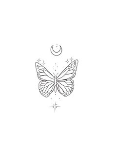 a black and white drawing of a butterfly with the moon in the sky behind it