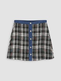 a black and white plaid skirt with a blue waistband Trendy Blue Mini Skirt For Fall, Blue Skirt With Button Closure For Fall, Blue Mini Skirt For Fall Workwear, Blue Mini Skirt For Workwear In Fall, Gingham Mini Skirt, Casual Date, Happy Hour, Cider, All Over Print