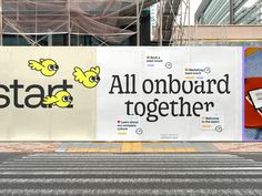 there is a sign that says start all onboard together on the side of a building