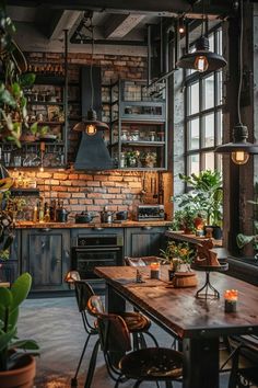 an industrial style kitchen with brick walls and lots of potted plants