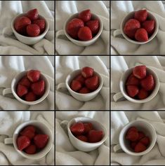 several pictures of strawberries in a bowl on a white cloth with four separate images