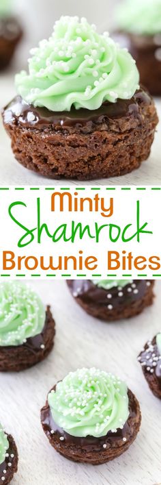 minty shamrock brownie bites with chocolate frosting and sprinkles on top