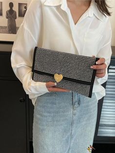 BirdinBag - Punk-Inspired Studded Envelope Bag with Decorative Flap Trendy Black Envelope Bag, Trendy Black Envelope Clutch, Color Black And White, Studded Bag, Punk Inspiration, White Details, Envelope Bag, Word Wrap, Decorative Accents