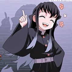 an anime character with long black hair pointing to the side