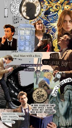 collage of doctor who characters and their timepieces in the style of collage