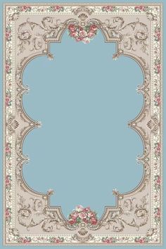 a blue area rug with flowers and scrolls on it, in the middle of an ornate border