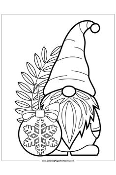 A festive gnome with a Christmas ornament and pine leaves, perfect for December holiday scenes. Norway Coloring Pages, Yule Coloring Pages Free Printable, Winter Solstice Coloring Pages, Coloring Pages Christmas Free Printable, December Coloring Pages, Xmas Coloring Pages, Free Cricut Images, Coloring Pages Christmas