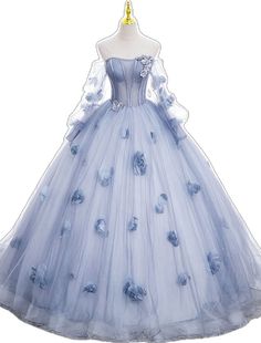 Princess Ball Gown For Quinceanera Spring, Princess Style Ball Gown For Quinceanera In Spring, Spring Quinceanera Tulle Ball Gown, Spring Princess Quinceanera Dresses, Long Sleeve Tulle Dress For Debutante Ball, Princess Style Long Sleeve Dress For Debutante Ball, Blue Dress For Spring Quinceanera, Blue Dress For Quinceanera In Spring, Spring Tulle Gown For Quinceanera