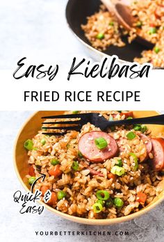 an easy fried rice recipe with sausage and peas in a skillet on the side