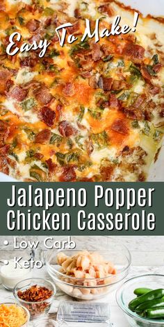 an easy to make jalapeno popper chicken casserole recipe with low carb and keto