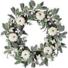 a wreath with white pumpkins and greenery