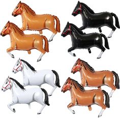 four plastic horses in different colors and sizes are shown on a white background with black, orange, and brown accents