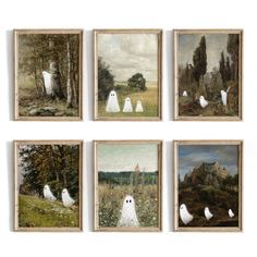 four framed paintings of white ghost's in a field