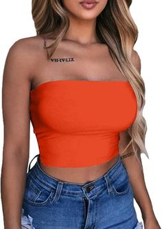 LAGSHIAN Women's Sexy Crop Top Sleeveless Stretchy Solid Strapless Tube Top Orange at Amazon Women’s Clothing store Blusas Crop Top, Bodycon Tops, Strapless Crop Top, Casual Tanks, Tube Tops, Summer Crop Tops, Cropped Tube Top