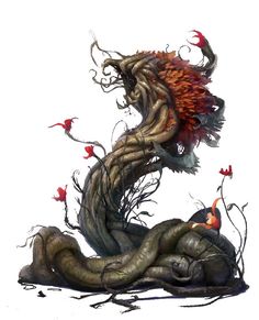 an artistic illustration of a dragon with flowers on its back and wings flying above it