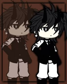 two anime characters standing next to each other in front of a brown and black background