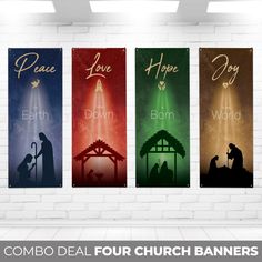 four christmas banners with the names of jesus and mary