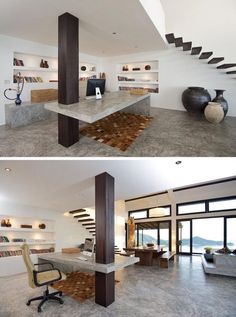 two pictures of the inside of a home office and living room with stairs leading up to the second floor