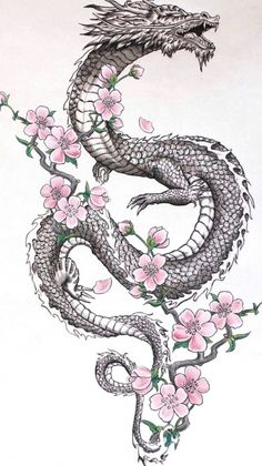 a drawing of a dragon with pink flowers on it's body and head in the shape of a snake