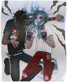 a painting of two people with blue hair and piercings on their arms, one holding a cell phone