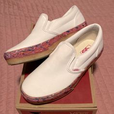 Vans Classic Slip On Platform With Donut Detail. True White Slip On With Cute Pink Frosted Donut Detail Around. Size 5.5 Kids, Equivalent To A Women’s 7. Brand New With Box, Not Sure Why I Removed The Tag, But Never Worn. Very Hard To Find. Pastel Vans Slip On, Pink Frosted Donut, Vans Platform, Vans Classic Slip, Vans White, Shoes Vans, 5 Kids, White Slip, Vans Classic Slip On