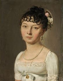 a painting of a woman in white dress with pearls on her head and necklace around her neck