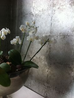 some white flowers are in a silver bowl