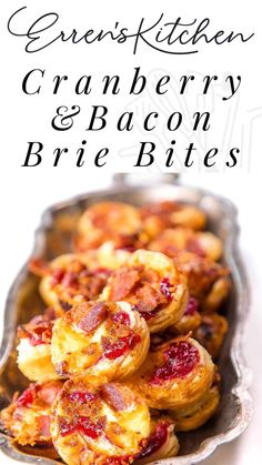 cranberry and bacon brie bites on a platter with text overlay