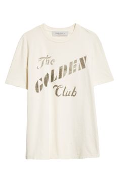 Go golden in this lightly distressed cotton T-shirt that's stamped with vintage-inspired logo lettering. Crewneck Short sleeves 100% cotton Machine wash, line dry Made in Italy Designer Clothing Golden Goose, The Golden, Cotton T Shirt, Cotton Tshirt, White Black, Vintage Inspired, Graphic T Shirt, Designer Clothing, White And Black