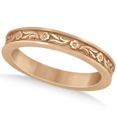 Hand-Carved Eternity Flower Design Wedding Band in 14k Rose Gold; $536 Flower Design Wedding, Wedding Band Engraving, Pink And Gold Wedding, Wedding Band Designs, Carved Ring, Yellow Gold Wedding Band, Engraved Wedding, Rose Gold Pink, Wedding Band Sets