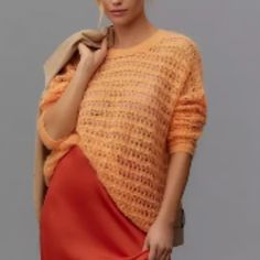 By Anthropologie Gorgeous Open Stitch Sweater In A Soft Orange Peach Color. Nwt, Retails For $198 72% Wool, 28% Polyamide Pullover Styling Dry Clean Size M, 46"-57" Bust, 25.5" Shoulder To Hem Sold Out Online Spring Layering Orange Sweater, Chic Orange Long Sleeve Sweater, Orange Soft Knit Sweater For Spring, Spring Textured Knit Orange Top, Casual Spring Sweater For Brunch, Peach Sweater, Open Stitch Sweater, Cowl Sweater, Stitch Sweater