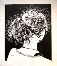 a black and white drawing of a woman's head with curls in her hair