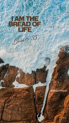 an aerial view of the ocean and rocks with text that reads, i am the bread of life