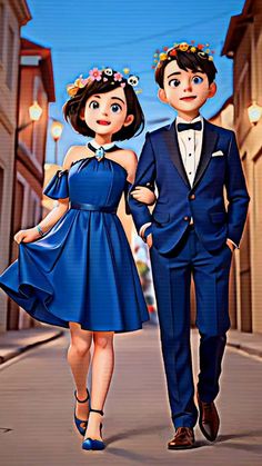 a man and woman are walking down the street in blue dresses with flowers on their head