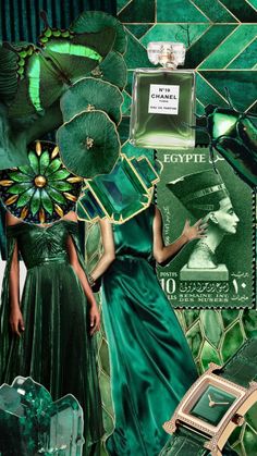 a collage of green and gold items including an image of a woman in a dress