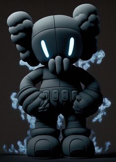 a cartoon character with glowing eyes standing in front of a dark background and holding his hands behind his back