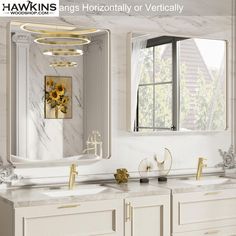 a bathroom vanity with two sinks and large mirrors on the wall next to each other