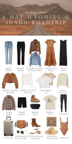 Chic Road Trip Outfit, Capsule Wardrobe 5 Day Trip, Western Style Capsule Wardrobe, Terracotta Capsule Wardrobe, 5 Day Capsule Wardrobe Packing Light, Fall Roadtrip Clothes, Road Trip Clothes Summer What To Wear, Idaho Summer Outfits, Capsule Wardrobe Western