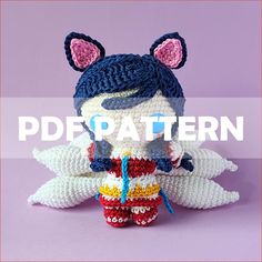 a crocheted doll is posed in front of a purple background with the words pdde pattern on it